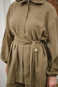 Gömlek Yaka Gizli Fermuarlı Bel Bağlamalı Pantolonlu Takım Yağ Yeşil