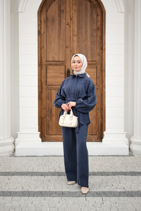 Gömlek Yaka Gizli Fermuarlı Bel Bağlamalı Pantolonlu Takım İndigo Mavi