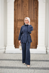 Gömlek Yaka Gizli Fermuarlı Bel Bağlamalı Pantolonlu Takım İndigo Mavi