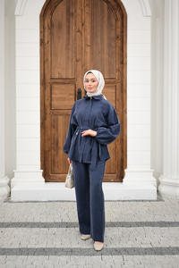 Gömlek Yaka Gizli Fermuarlı Bel Bağlamalı Pantolonlu Takım İndigo Mavi