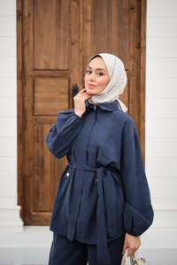 Gömlek Yaka Gizli Fermuarlı Bel Bağlamalı Pantolonlu Takım İndigo Mavi