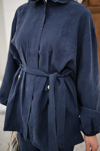 Gömlek Yaka Gizli Fermuarlı Bel Bağlamalı Pantolonlu Takım İndigo Mavi