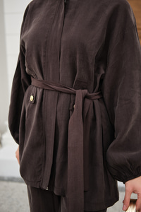 Gömlek Yaka Gizli Fermuarlı Bel Bağlamalı Pantolonlu Takım Kahverengi