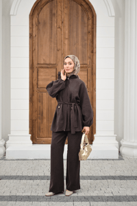 Gömlek Yaka Gizli Fermuarlı Bel Bağlamalı Pantolonlu Takım Kahverengi