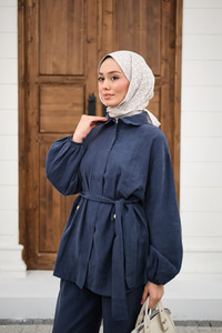 Gömlek Yaka Gizli Fermuarlı Bel Bağlamalı Pantolonlu Takım İndigo Mavi