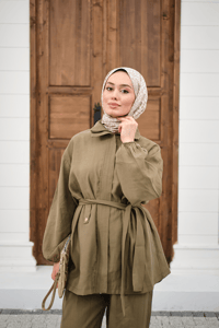 Gömlek Yaka Gizli Fermuarlı Bel Bağlamalı Pantolonlu Takım Yağ Yeşil