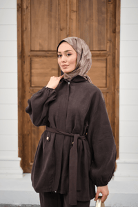 Gömlek Yaka Gizli Fermuarlı Bel Bağlamalı Pantolonlu Takım Kahverengi