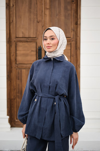 Gömlek Yaka Gizli Fermuarlı Bel Bağlamalı Pantolonlu Takım İndigo Mavi