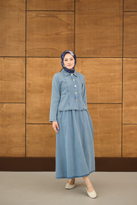 Gömlek Yaka Gümüş Düğme Detay Etekli Takım Buz Mavi