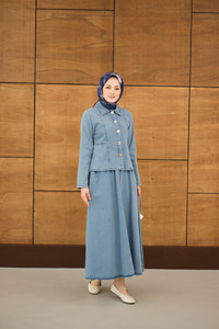 Gömlek Yaka Gümüş Düğme Detay Etekli Takım Buz Mavi