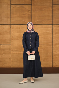 Gömlek Yaka Gümüş Düğme Detay Etekli Takım Lacivert