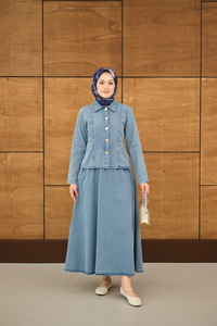 Gömlek Yaka Gümüş Düğme Detay Etekli Takım Buz Mavi