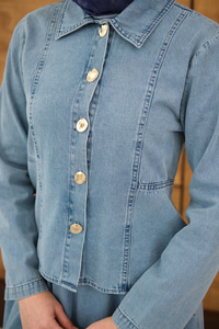 Gömlek Yaka Gümüş Düğme Detay Etekli Takım Buz Mavi