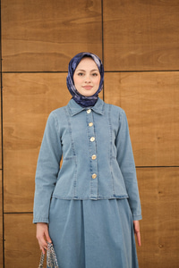 Gömlek Yaka Gümüş Düğme Detay Etekli Takım Buz Mavi