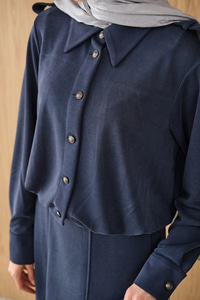 Gömlek Yaka Gümüş Düğme Detay Takım Lacivert
