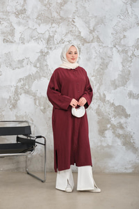 Gömlek Yaka Tensel Düğmeli Elbise Bordo