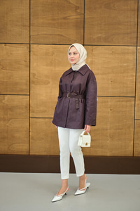 Gömlek Yaka Toka Düğme Detay Kemerli Astarlı Regular Gabardin Trenç Bordo