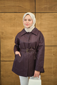 Gömlek Yaka Toka Düğme Detay Kemerli Astarlı Regular Gabardin Trenç Bordo