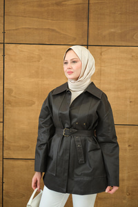 Gömlek Yaka Toka Düğme Detay Kemerli Astarlı Regular Gabardin Trenç Kahverengi