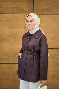 Gömlek Yaka Toka Düğme Detay Kemerli Astarlı Regular Gabardin Trenç Bordo