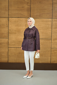 Gömlek Yaka Toka Düğme Detay Kemerli Astarlı Regular Gabardin Trenç Bordo