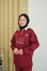 Gömlek Yaka Yazı Baskılı Sweat Bordo