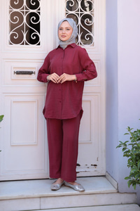 Gömlekli İkili Takım Bordo