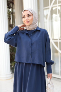 Gömlekli Tencele Elbise Lacivert