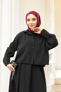 Gömlekli Tencele Elbise Siyah