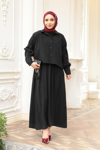 Gömlekli Tencele Elbise Siyah