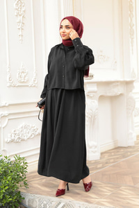 Gömlekli Tencele Elbise Siyah