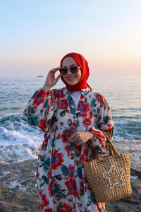 Gonca Gül Desen Elbise Krem