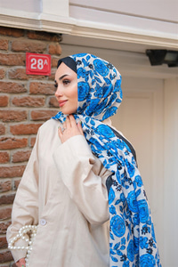 Gül Desen Soft Şal Saks Mavi
