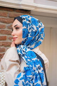 Gül Desen Soft Şal Saks Mavi