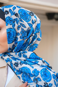 Gül Desen Soft Şal Saks Mavi