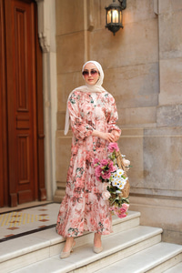 Gül Desenli Elbise Pudra