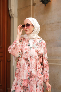 Gül Desenli Elbise Pudra