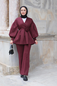 Gül Detay Belden Bağlamalı İkili Takım Bordo