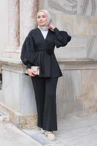 Gül Detay Belden Bağlamalı İkili Takım Siyah