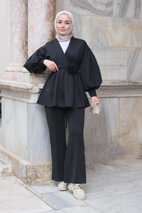 Gül Detay Belden Bağlamalı İkili Takım Siyah