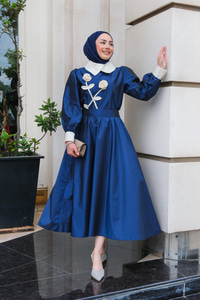 Gül Detay Nakışlı İkili Takım Lacivert