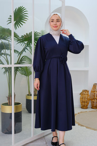 Gül Kemerli Elbise Lacivert