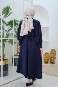 Gül Kemerli Elbise Lacivert