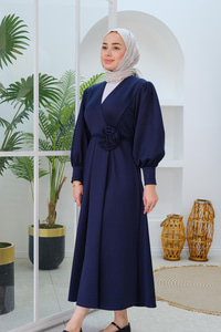 Gül Kemerli Elbise Lacivert