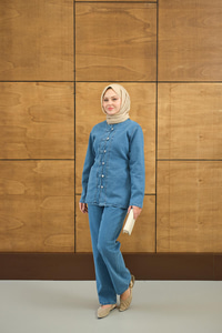 Gümüş Düğme Detaylı Takım Buz Mavi