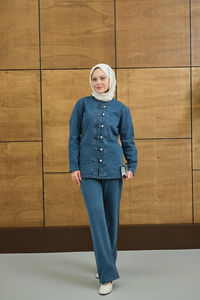 Gümüş Düğme Detaylı Takım Yıkama Mavi