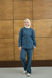 Gümüş Düğme Detaylı Takım Yıkama Mavi