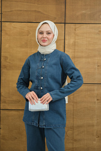 Gümüş Düğme Detaylı Takım Yıkama Mavi