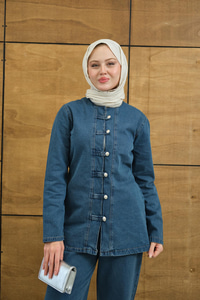 Gümüş Düğme Detaylı Takım Yıkama Mavi