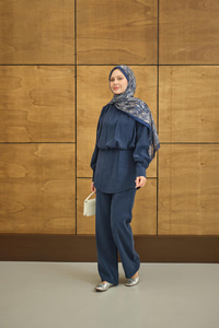 Hakim Yaka Balon Bel Volanlı Slimfit Tencele Takım Lacivert